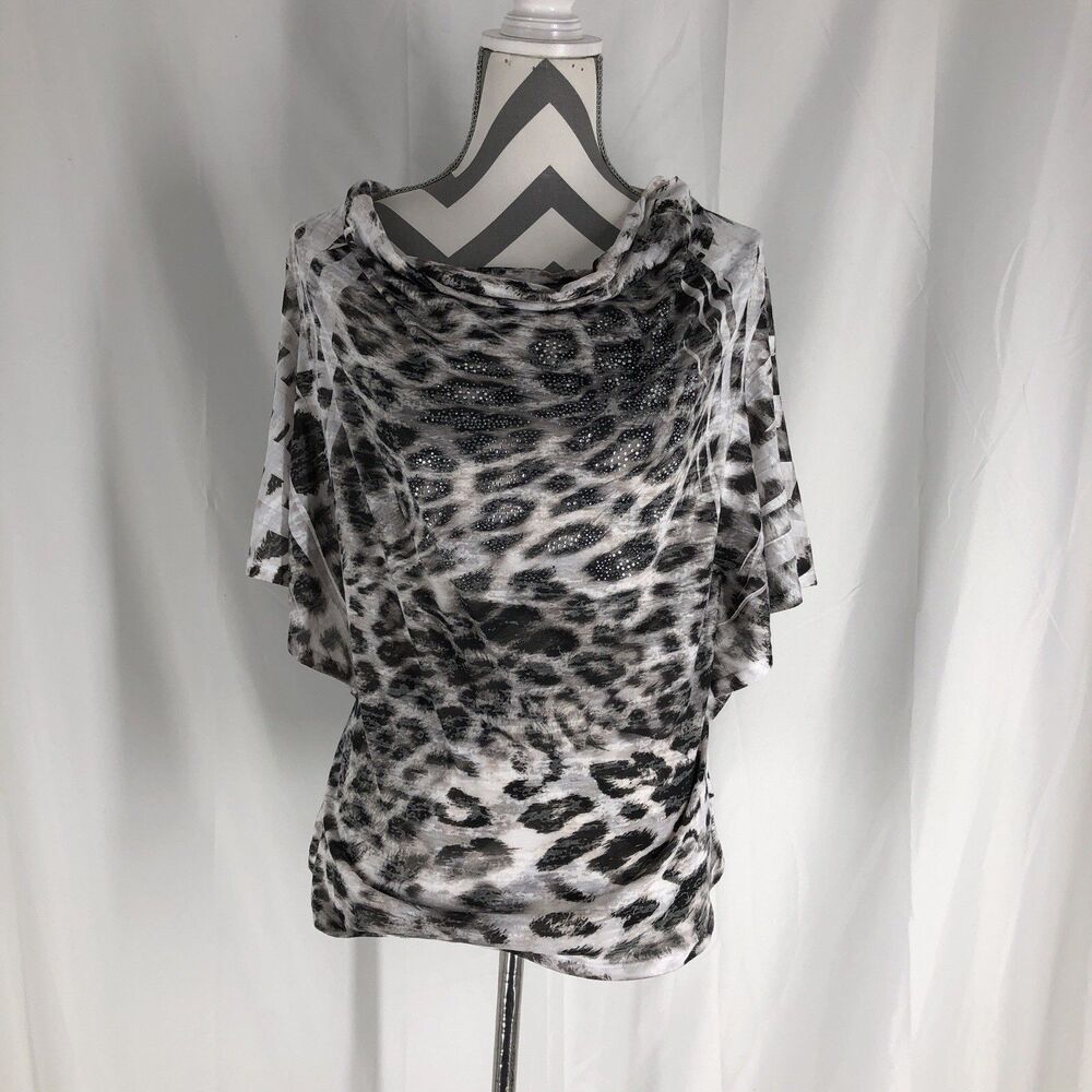 Jess and Jane Womens Top Large Animal Print Shirt Multicolor Shredded Texture